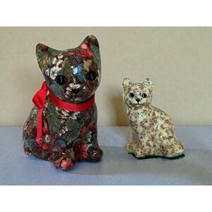 Vintage Chintz Cat Figurines Floral Fabric Decoupage 1970s Joan Baker Designs